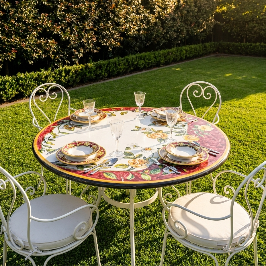 Outdoor table set with decorative plates and glasses on a grassy lawn with hedges in the background
